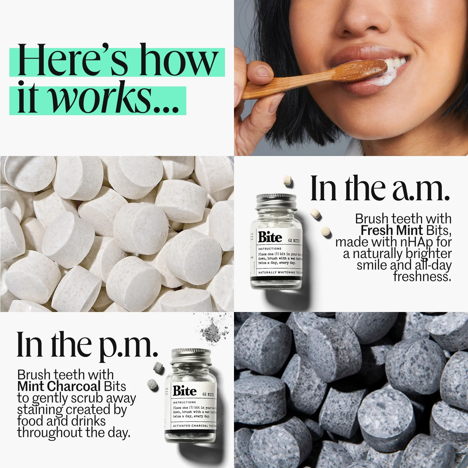 The Day to Night Teeth Brightening Kit - Whiter Teeth in 3 Days with Bite Toothpaste Bits in Mint and Mint Charcoal, Comes with Free Bamboo Toothbrush - Image 2